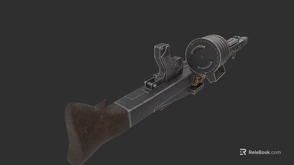 Vintage Machine Gun With Wooden Stock Metal Structure And Drum Magazine 3d model 