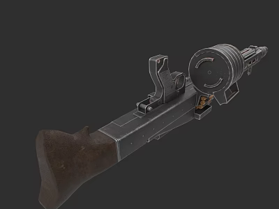 Vintage Machine Gun With Wooden Stock Metal Structure And Drum Magazine 3d model
