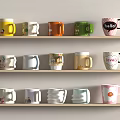 Colorful Decorative Mugs Displayed On Multiple Wooden Shelves With Various Colors And Patterns