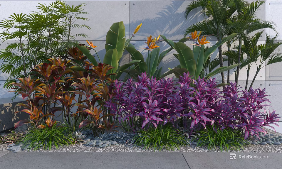 Colorful Outdoor Plant Combination With Purple Flowers Green Leaves And Stone Ground 3d model 