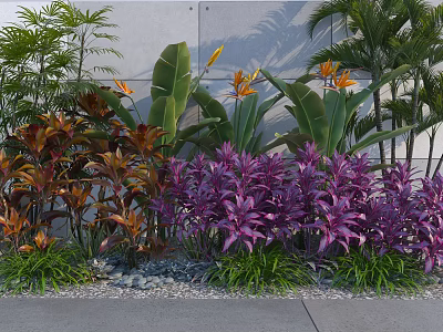 Colorful Outdoor Plant Combination With Purple Flowers Green Leaves And Stone Ground 3d model