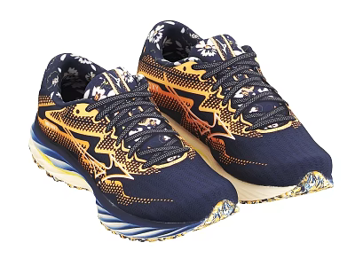 Blue And Yellow Running Shoes With Wavy Sole And Patterned Upper Design 3d model