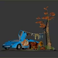 Blue Car with Open Top Near Tree with Orange Flowers Red Chair and Grass