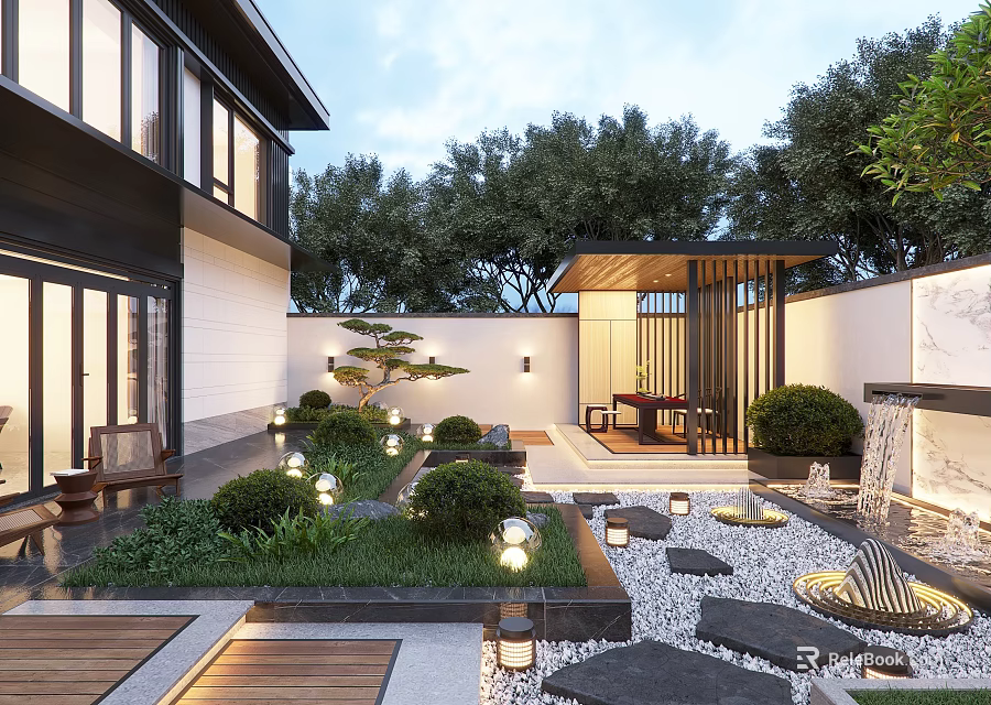 Modern Courtyard Garden Design With Pergola Stone Pathway Lush Greenery And Lantern Lights 3d model 