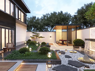 Modern Courtyard Garden Design With Pergola Stone Pathway Lush Greenery And Lantern Lights 3d model