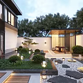 Modern Courtyard Garden Design With Pergola Stone Pathway Lush Greenery And Lantern Lights