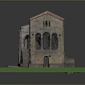 Cartoon Scene Of Ancient Stone Building With Red Roof Arched Doors And Green Base