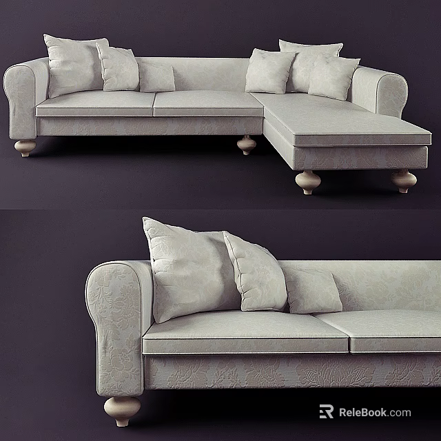 Comfortable Sectional Sofa With Multiple Pillows Fabric Upholstery And Decorative Legs 3d model