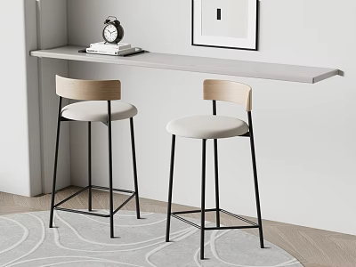 Modern Bar Stools With Wooden Backrest Light Upholstered Seat And Black Metal Legs 3d model