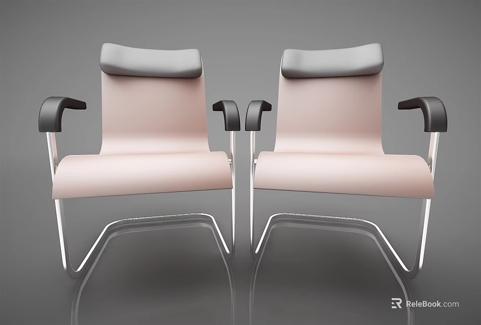 Two Modern Leisure Chairs With Pink Seats Backs Black Armrests And Silver Metal Legs 3d model 