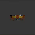 Round Dining Table With Orange Chairs And Various Food Dishes On Wooden Surface