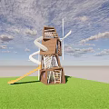 Playground Equipment With Brown Tower Stairs White Spiral Yellow Straight Slides And Green Grass