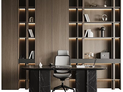 Modern Desk and Chair Set Marble Top Gray Office Chair Wooden Bookshelf Warm Lighting Workspace 3d model