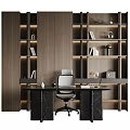 Modern Desk and Chair Set Marble Top Gray Office Chair Wooden Bookshelf Warm Lighting Workspace