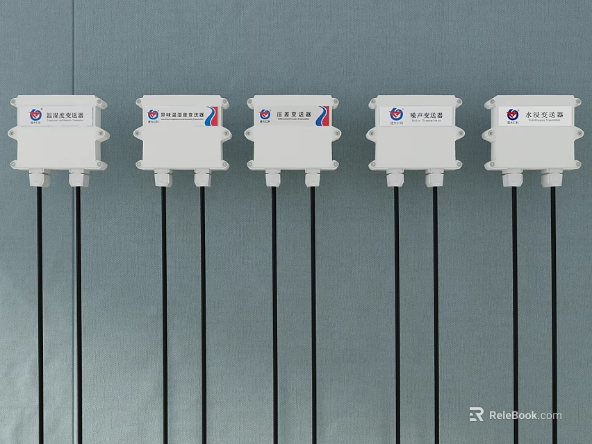 Five White Industrial Equipment Units with Black Cables and Red Blue White Logos 3d model 
