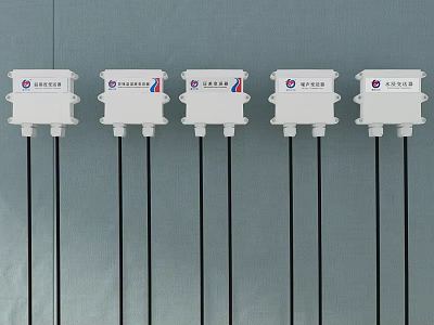 Five White Industrial Equipment Units with Black Cables and Red Blue White Logos 3d model
