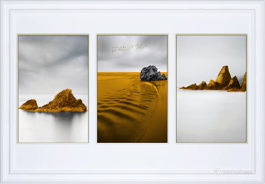 Three Panel Landscape Paintings With Rock Formations Water Surface And Sandy Terrain 3d model