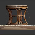 Handcrafted Rattan Stool With Round Woven Seat And Sturdy Curved Legs On Tile Floor