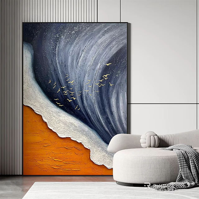 Modern Abstract Wall Art With Blue Orange Waves And Golden Birds In Living Room 3d model 