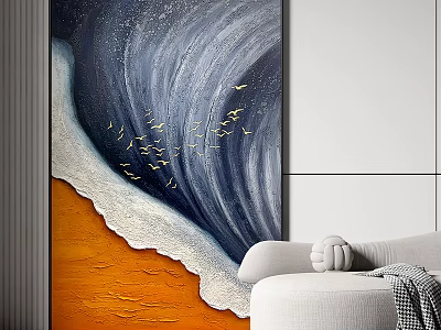Modern Abstract Wall Art With Blue Orange Waves And Golden Birds In Living Room 3d model
