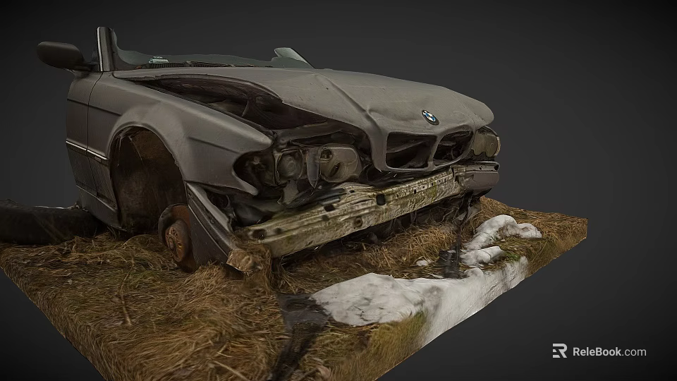 Old Damaged BMW Convertible with Hay Snow on Ground Front Rust and Severe Body Damage 3d model 