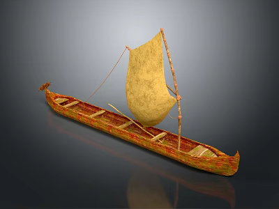 Traditional Wooden Boat with Yellow Sail Red Yellow Hull Wooden Mast and Rigging Details 3d model