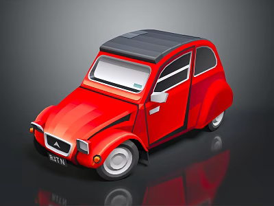 Red Retro Cartoon Car With Black Roof White Wheels And Rounded Design 3d model