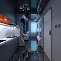 Futuristic Hotel Room Interior With Metallic Accents Blue Lighting And Workstation