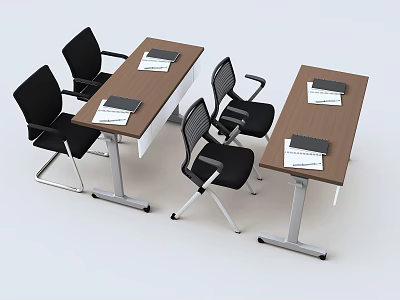 Functional Desks With Wooden Tabletop Metal Frames Black Chairs And Open Notebooks On Top 3d model