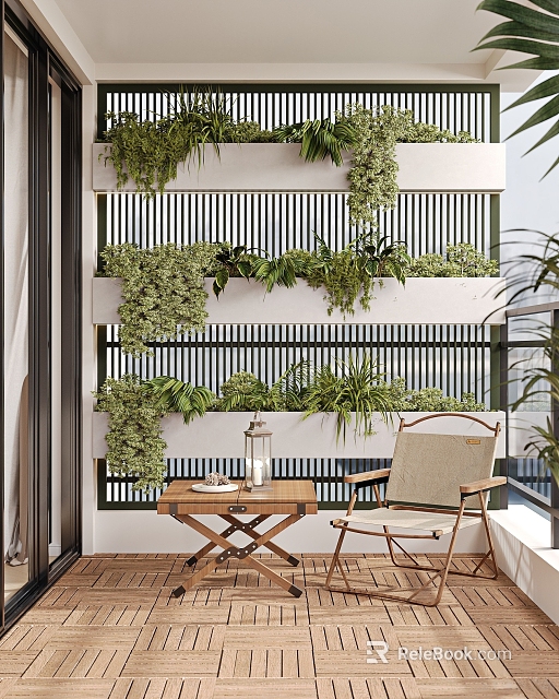Cozy Home Balcony With Vertical Greenery Wall Wooden Table And Rattan Chair 3d model 