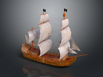 Vintage Wooden Sailing Ship Model With White Sails And Detailed Hull Design 3d model