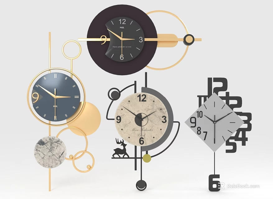 Modern Stylish Wall Clocks With Various Colors Geometric Elements And Unique Dial Designs 3d model 