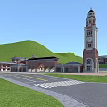 School Building Complex With Red Brick Clock Tower Green Lawn And Scenic Pathway 3d model