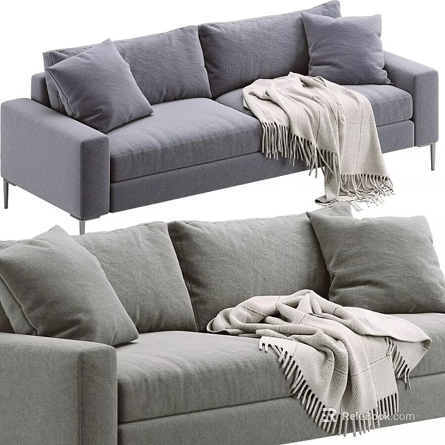 Gray Upholstered Two Seater Sofa With Soft Pillows And Knit Blanket 3d model 