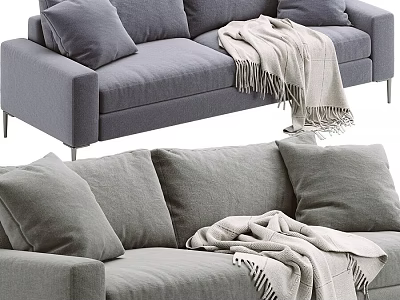 Gray Upholstered Two Seater Sofa With Soft Pillows And Knit Blanket 3d model