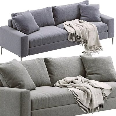 Gray Upholstered Two Seater Sofa With Soft Pillows And Knit Blanket 3d model
