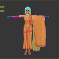 Game And Movie Character In Yellow Traditional Costume With Red Trimmed Sari And Outstretched Arms