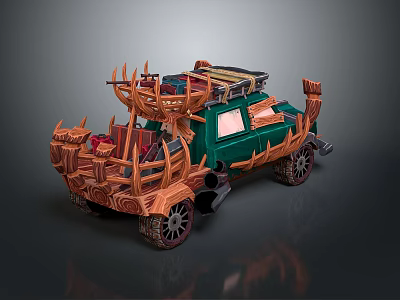 Unique Green Vehicle With Wooden Spiked Decorations And Roof Rack Design 3d model