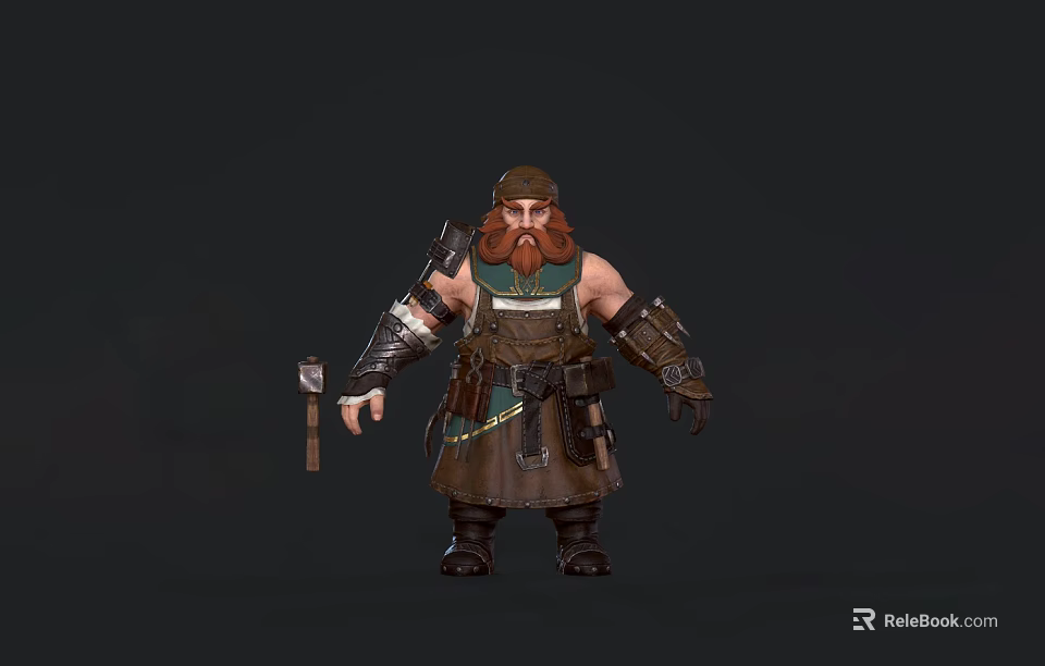 Muscular Bearded Dwarf Warrior In Sturdy Armored Leather Gear Holding Hammer Standing Pose 3d model 