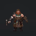 Muscular Bearded Dwarf Warrior In Sturdy Armored Leather Gear Holding Hammer Standing Pose