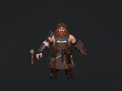 Muscular Bearded Dwarf Warrior In Sturdy Armored Leather Gear Holding Hammer Standing Pose 3d model