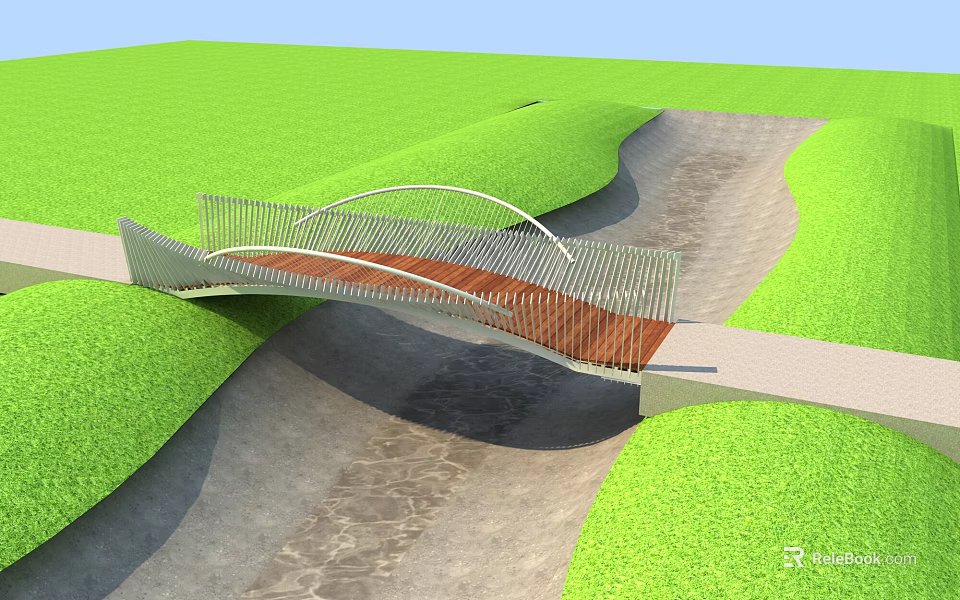 Modern Curved Bridge With Wooden Deck Over Stream In Green Grass Area 3d model 