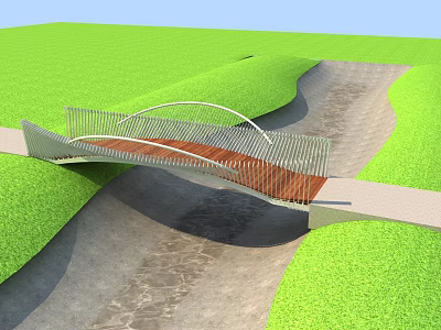 Modern Curved Bridge With Wooden Deck Over Stream In Green Grass Area 3d model
