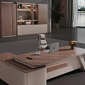 Modern Office Desk with Laptop Lamp Decorations Cabinet with Bookshelf Near Plant and Window View
