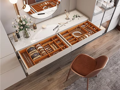 Elegant Jewelry Storage Drawers With Wooden Compartments Holding Necklaces Bracelets And Rings 3d model