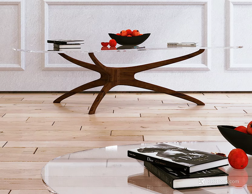 Modern Glass Top Coffee Table With Wooden Base And Books Fruit Bowl On Wood Floor 3d model 
