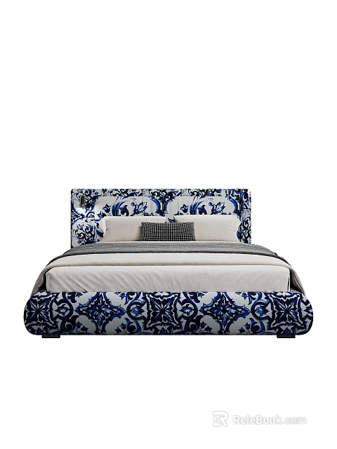 Blue and White Patterned Double Bed with Decorative Headboard Footboard and Pillows 3d model