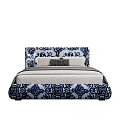 Blue and White Patterned Double Bed with Decorative Headboard Footboard and Pillows 3d model