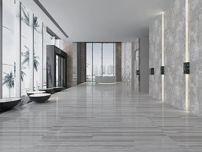 Modern Lobby Reception Desk Interior With Marble Walls Large Windows Palm Decor And Polished Floors 3d model