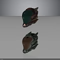Pair of Futuristic Metallic Helmets With Ornate Horns Suspended In Dark Background